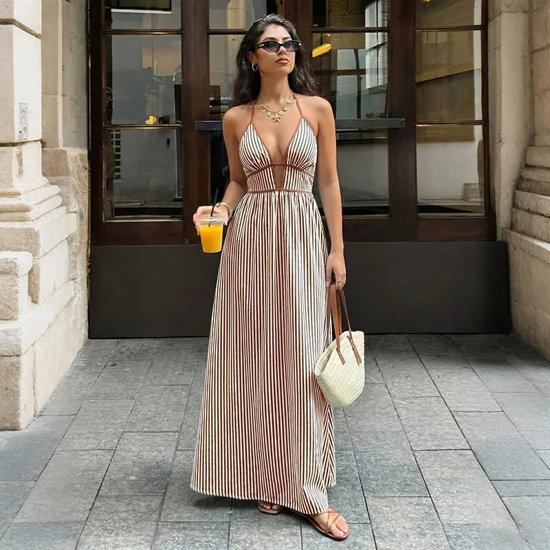 2026 Summer New Style Deep V-neck Striped Beach Dress Sexy Backless Sleeveless Neckline Long Dress