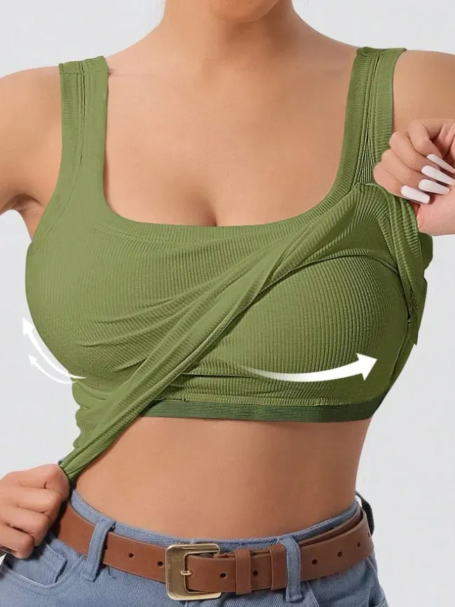 2026 Summer Women's Western-style One-piece Built-in Bra Ribbed Square Neck Slimming Versatile Outerwear Base Layer Tank