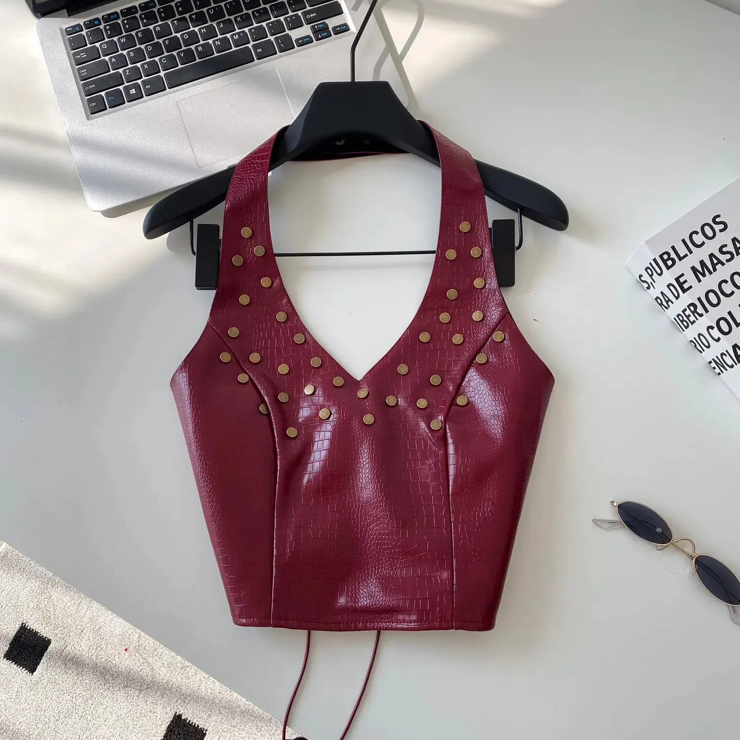 Halter Rivet Hotsweet Tops Women Lace Up Slim Texture Summer Clubwear Tank Top PU Leather Backless Sensual Retro Camis