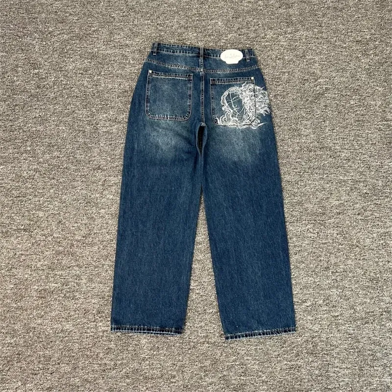 Nặng Thêu Hoa Derschutze Quần Jean Nam Nam Nữ 1:1 Chất Lượng Tốt Nhất Vintage Derschutze Nữ Chân Thẳng Quần Denim