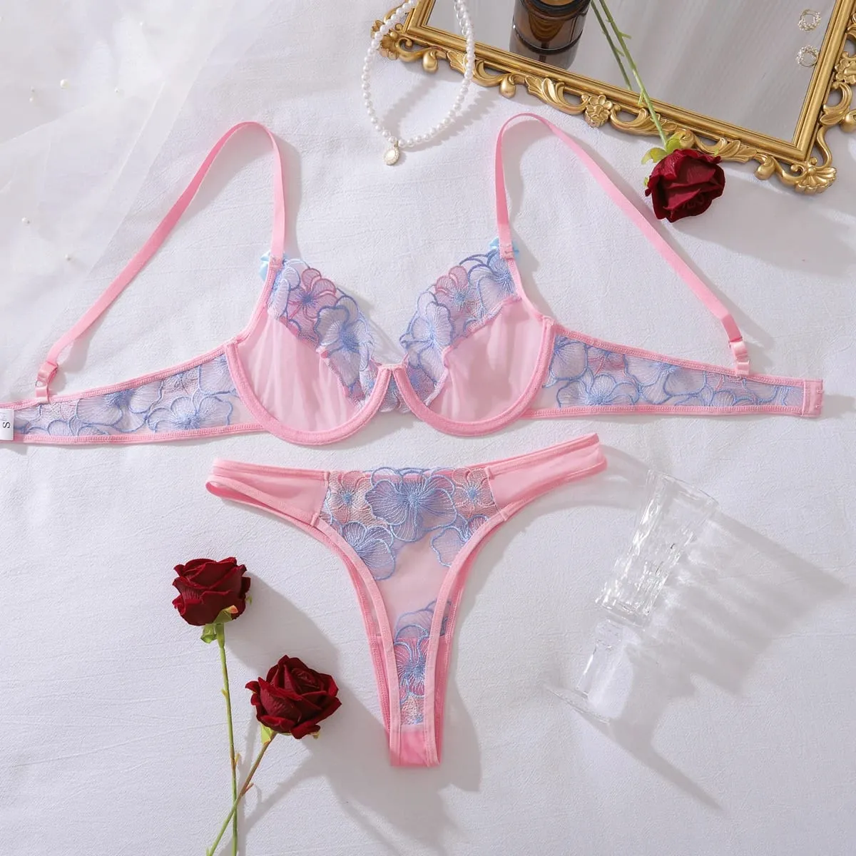 Sweet and sexy lingerie cute butterfly bra set steel ring gathering ultra-thin cup transparent two-piece set