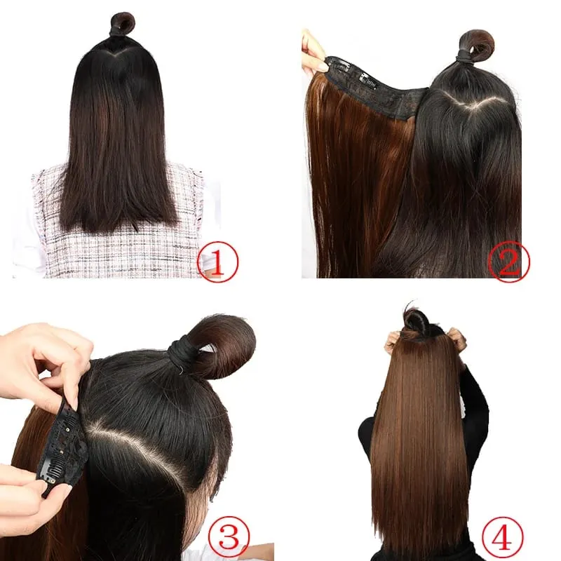 24Inch Synthetic Long Straight One Piece 4 Clips Hair Extensions Invisible Hairpiece Soft Fake Hair For Women Daily Wear