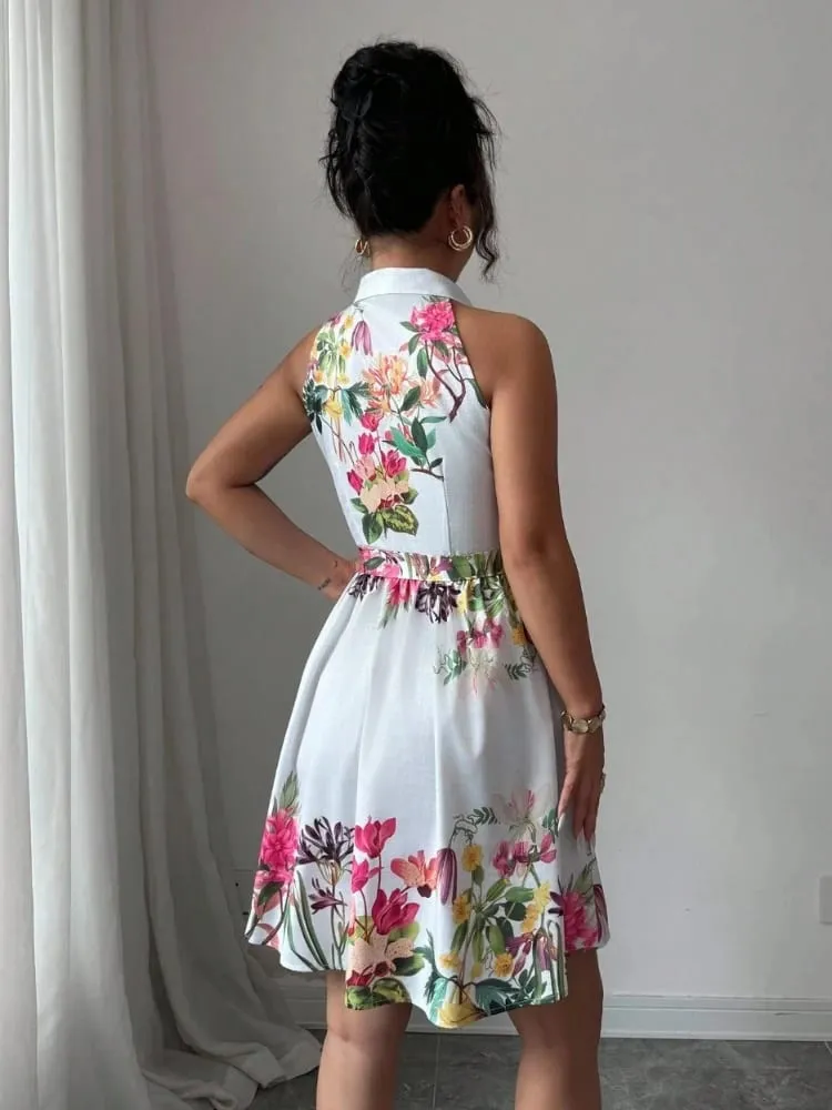 A Line Vestidos Y2k Street Wear Halter Print Floral Elegant Splice Party Night Work High Waist Short Dress Women Dresses