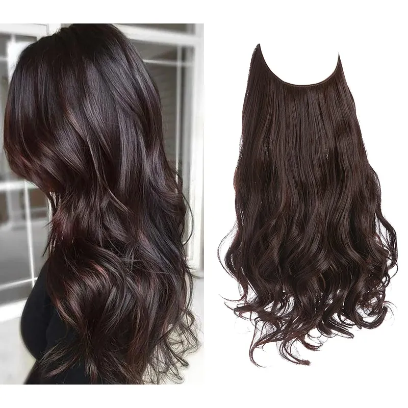 Sintético sem clipes na extensão do cabelo natural ombre preto loiro rosa uma peça onda longa fio invisível falso pedaço de cabelo