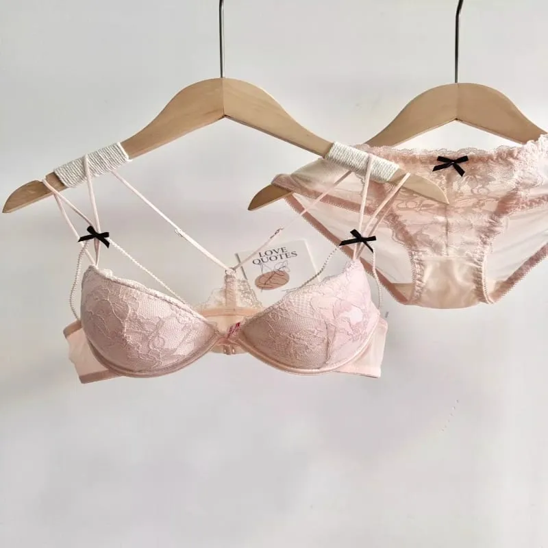 Ladies Front Fastening Lace Lingerie Set Wirefree Push Up Bra Thinly Lined Delicate Straps Comfort Sexy Everyday Underwear Set