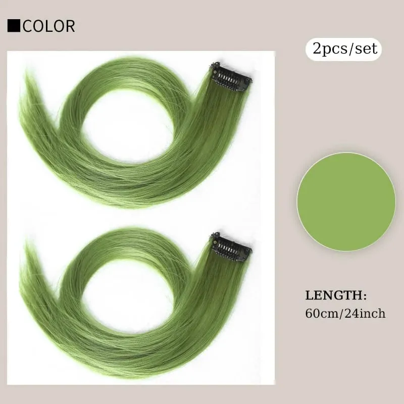 2PCS/SET Colored Party Highlights Clip in Hair Extensions 24inch Long Straight Hair Clips Hairpiece for Halloween Christmas Wear