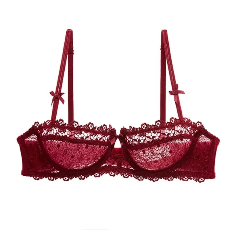 Plus Size Sexy Half Cup Lace Bra Sheer Mesh Unlined Bralette for Women A D Cup Invisible Push Up Underwire Lingerie Set