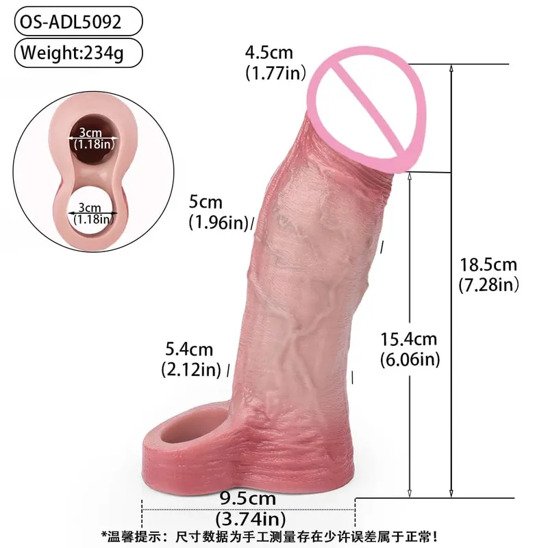7.2in Realistic Penis Sleeve Reusable Penis Sleeve with Cock Ring Silicone Penis Enlarger Sleeve Male Adult Sex Toy for Men