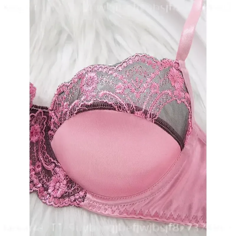 Women Romantic Pink Lace Lingerie Set Padded Balconette Bra Sheer Thong Satin Trim Date Night Valentine Underwear