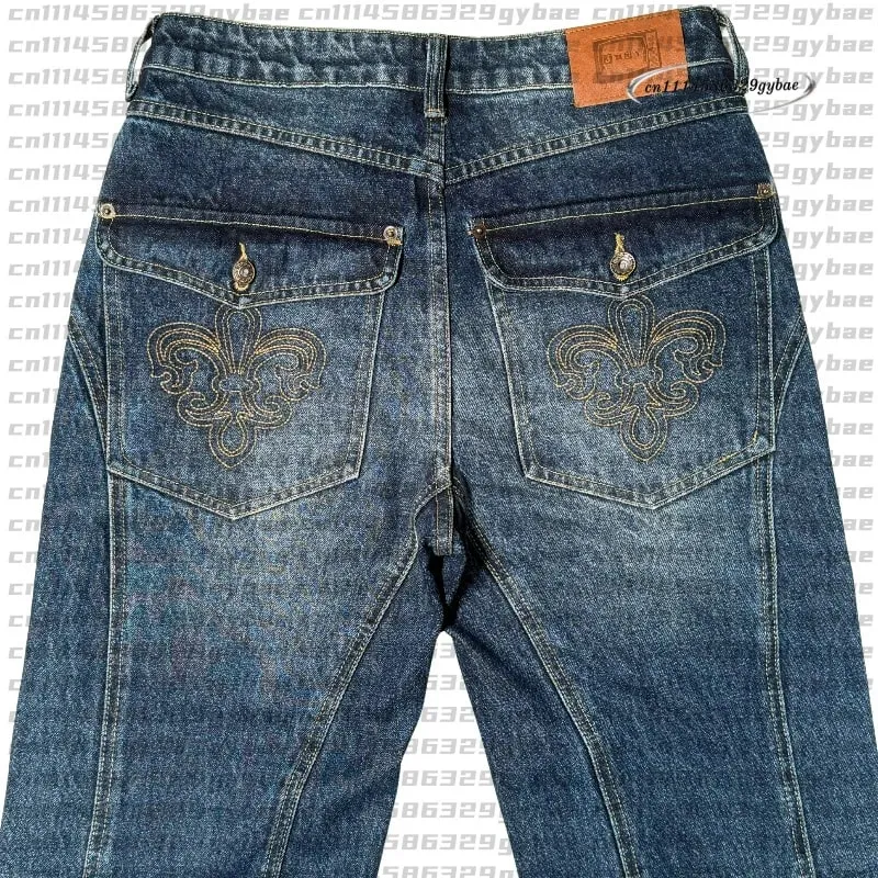 2026 Y2K Retro Blue Flare Jeans Unisex Washed Denim Pants Embroidered Back Pocket Streetwear Wide Leg Bootcut Jeans