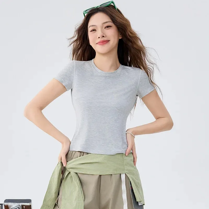 Soft Lightweight Breathable Short Sleeve T-Shirt Women Straight Shoulder Slim Fit Antibacterial Solid Simple Versatile