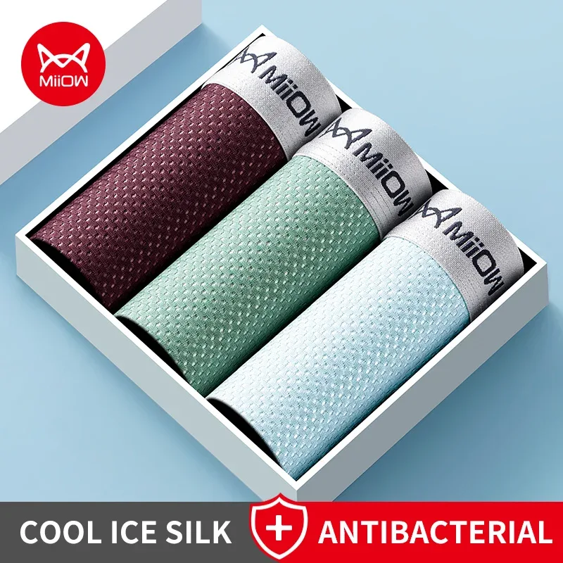 MiiOW 3Pcs Ice Silk Men's Underwear Boxers Breathable Mesh Mens Underpants 7A Antibacterial Cotton Crotch Man Panties Boxers