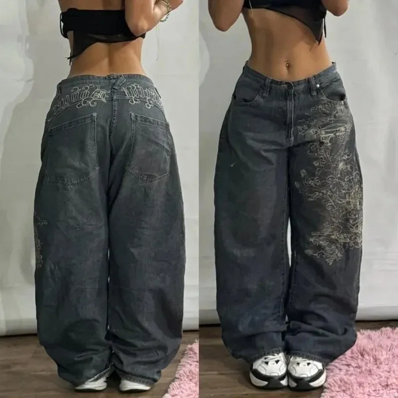 American Y2K Hip Hop Fashion Trend Skull Embroidery Spot Jeans Men Street Loose Straight Wide-leg Pants Couple Oversized Jeans
