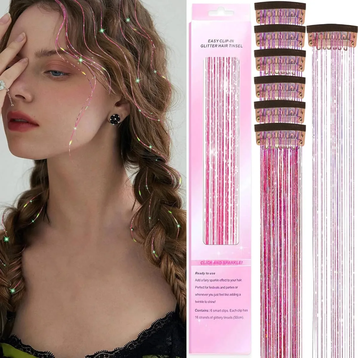 6Pcs Synthetic Hair Tinsel Clip in 20Inch Glitter Tinsel Hair Clip in Hair Tinsel Kit Heat Resistant Shiny Sparkle Fairy Hair