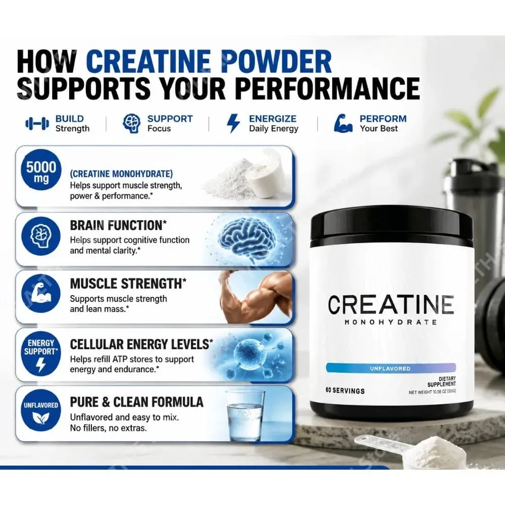 Creatine Monohydrate Powder 5000mg 60 Servings Unflavored Daily Fitness Support Supplement Vegan Gluten Free 300g