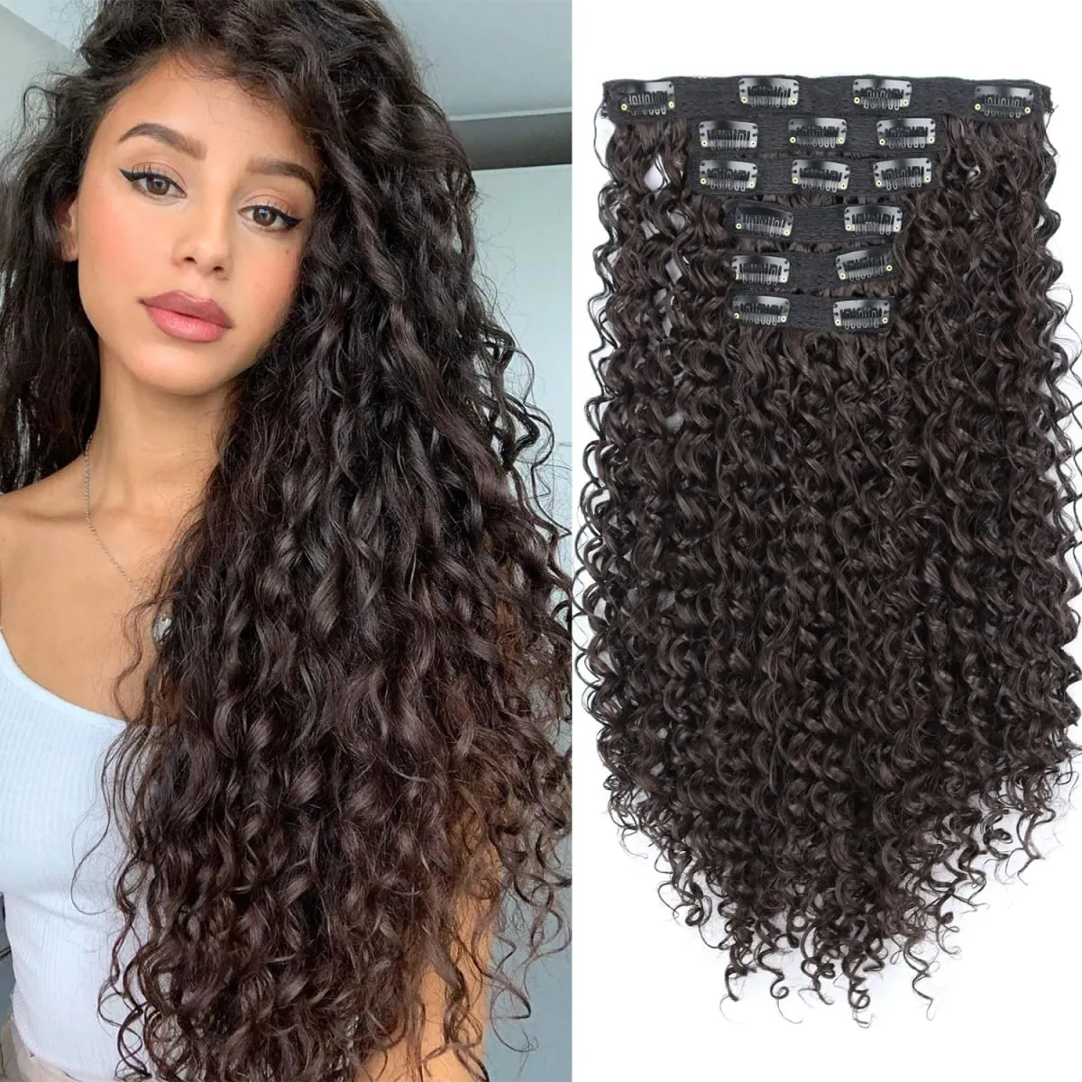 Synthetic 26Inch Kinky Curly 16 Clip In Hair Extensions Black Brown Full Head Fake Pieces Kinky Curly Hair Extensions