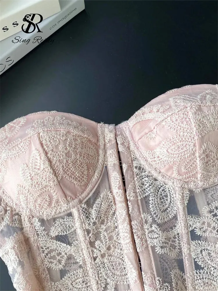 Floral Embroidery Sexy Club Top Female Strapless Slim Corset Backless Tank Top French Lace Up Basics Sheer Camisole