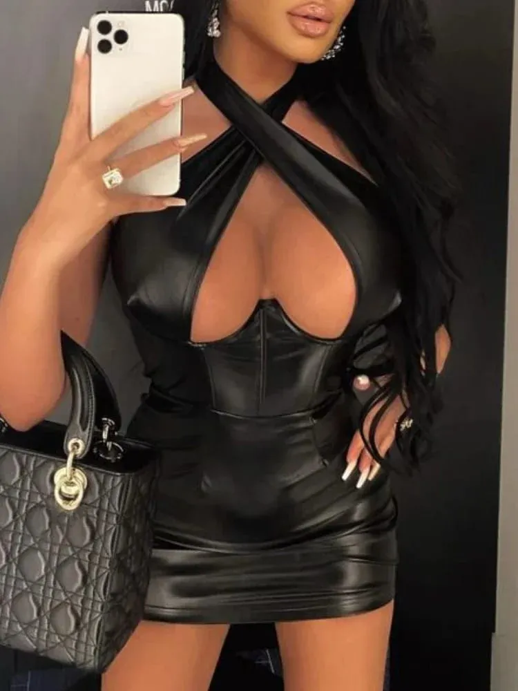 Sexy šaty na hrudi s vyhloubenou imitací kůže Bodycon šaty bez rukávů Úzké večerní šaty Club Party