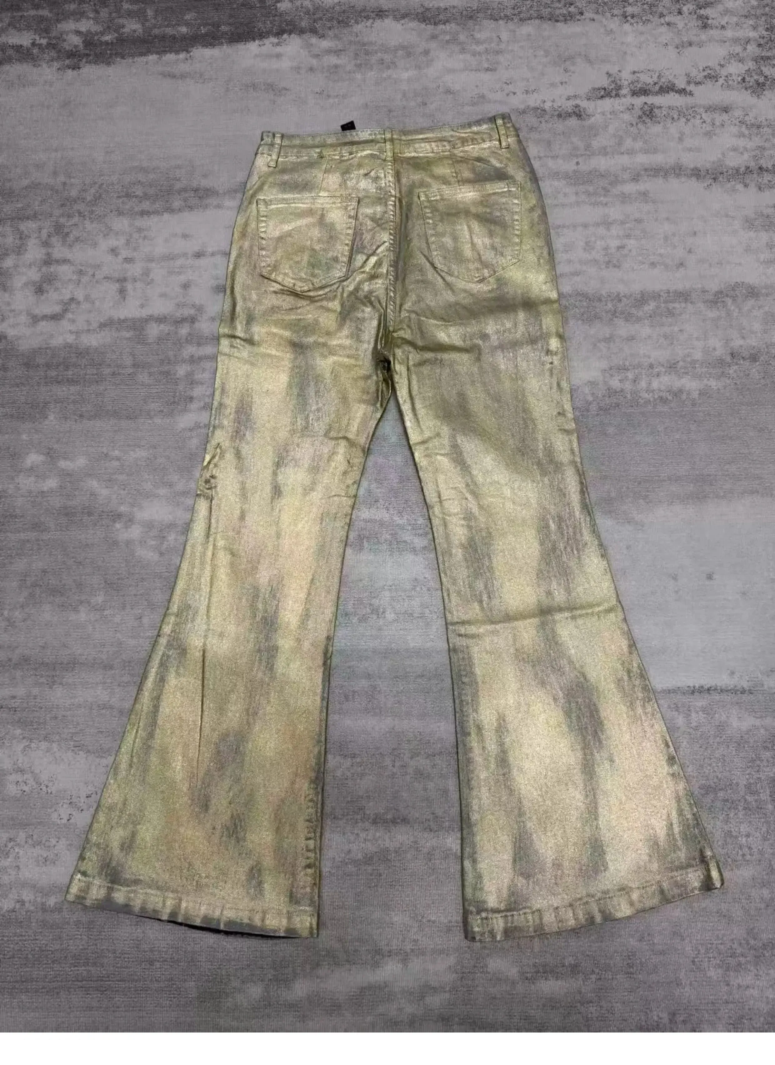High Street RO Wind Pant Men Heavy Industry Coating Gold Brushed Three Dimensional Floor Pulling Horn Jeans Gold Plated Pants