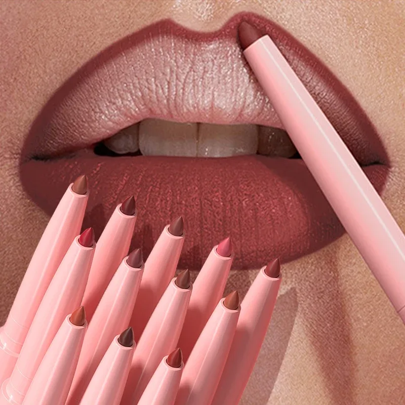 Lápiz Delineador de labios rojo mate, 12 colores, resistente al agua, antiadherente, lápiz labial delgado, maquillaje, delineador de labios rosa desnudo, contorno de labios