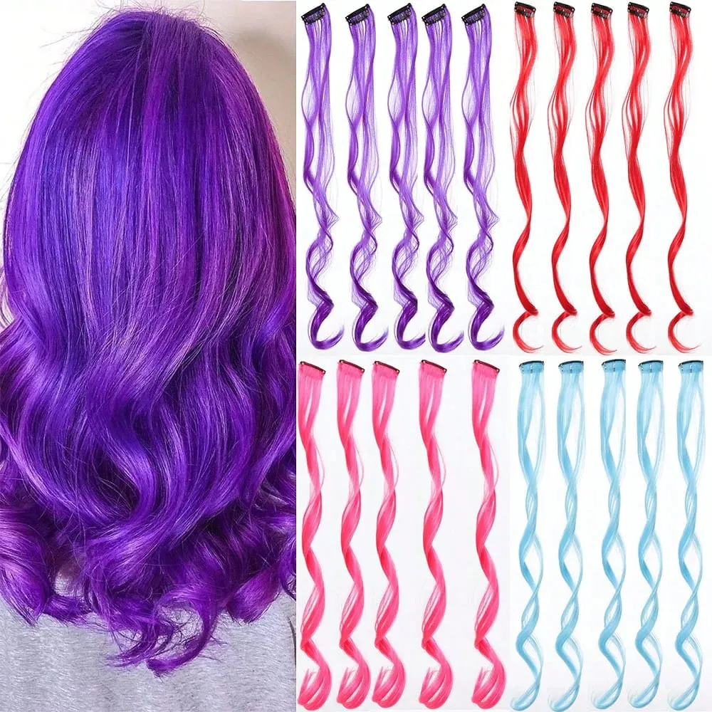 10pcs Colorful Hair Extensions Curly One Clip in Synthetic Long Hairpiece For Girls Women Multi-colors Party Highlights WigPiece