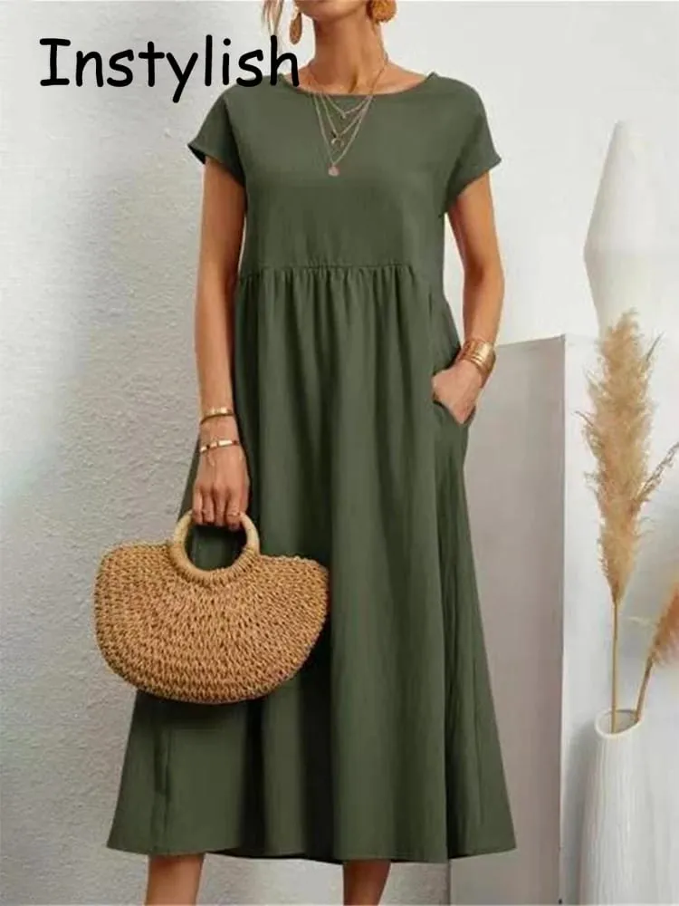 Women Elegant Solid Maxi Dress Summer Short Sleeve O Neck Vintage Harajuku Cotton Linen Loose Sundress Y2K Pockets Long Dress