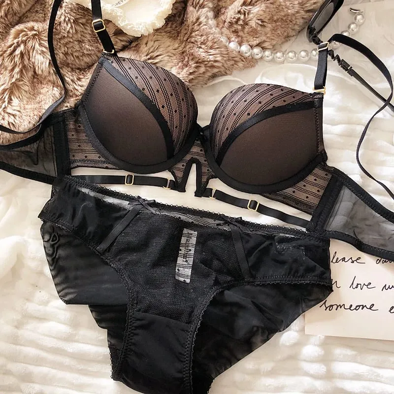 Sexy Hollow Underwear Set for Women 3/4 Cup Push Up Bra Lace Splicing Color Brassiere and Panties Ladies Intimates Lingerie