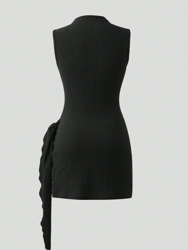 Women's Elegant Texture Fabric Pleating Waist Sice Ribbon Slim Fit Mini Dresses Casual Metal Buckle Solid Color Dress Summer