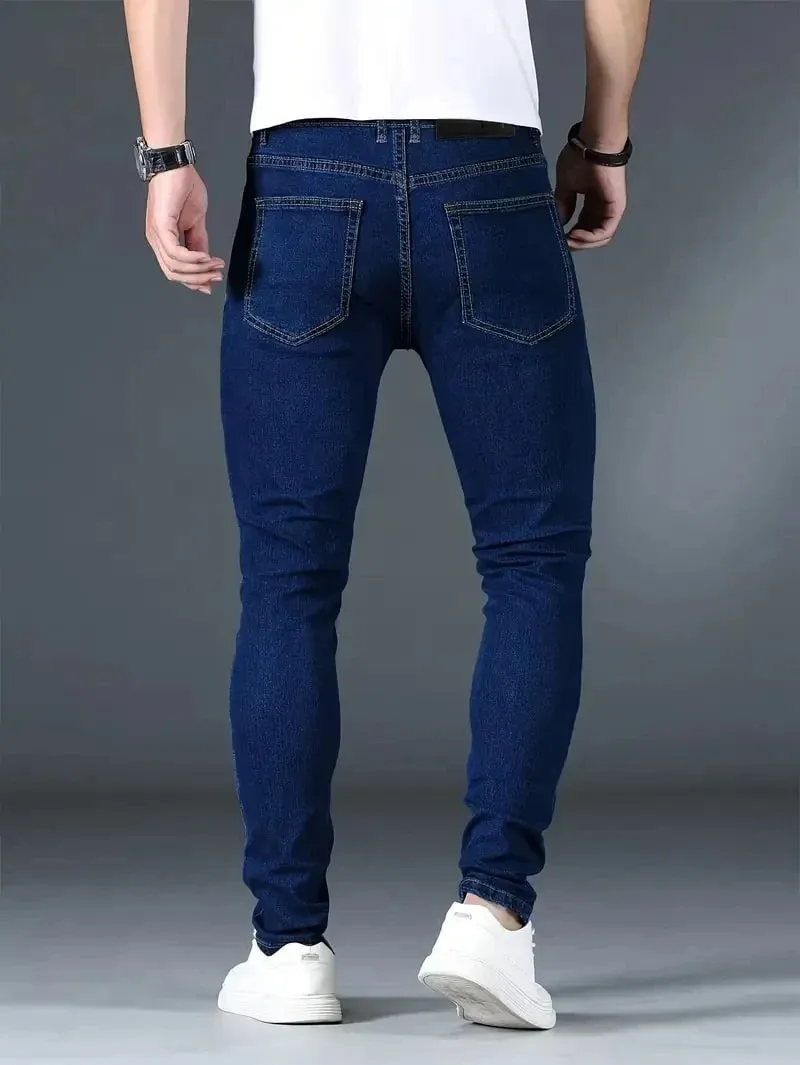 Men's New Slim Fit Stretch Cotton Jeans Ripped Casual Black Blue Denim Pencil Pants for Everyday Social Wear
