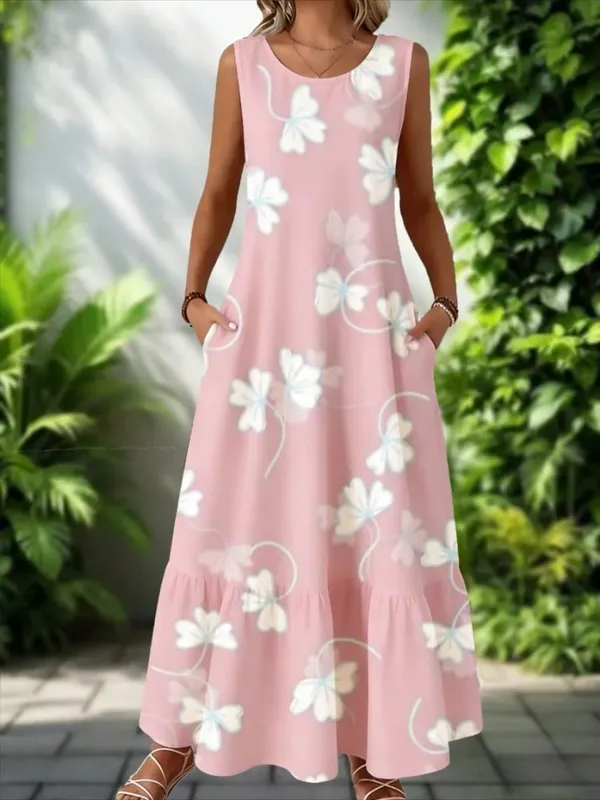 2026 New Women's Dress Fashion Floral Print New Sleeveless Design Dresses Summer Outdoor Beach Vacation Ankle Long Women's Dress
