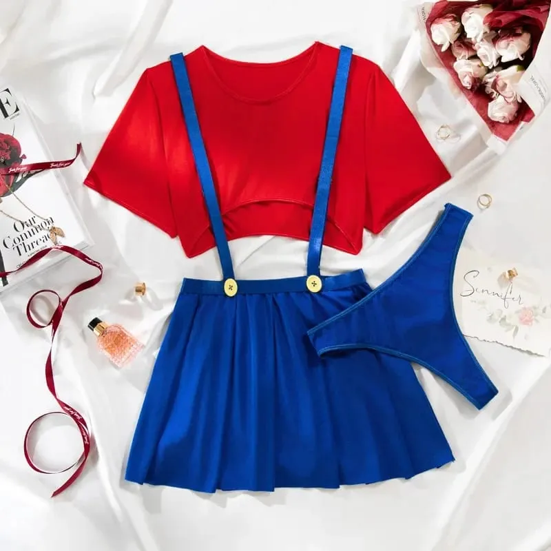 Sexy Women's Underwear Set Babydoll Lingerie Dresses Crop Top Maid Outfit 3-Piece Role-Play Costume with Pleated Skirt