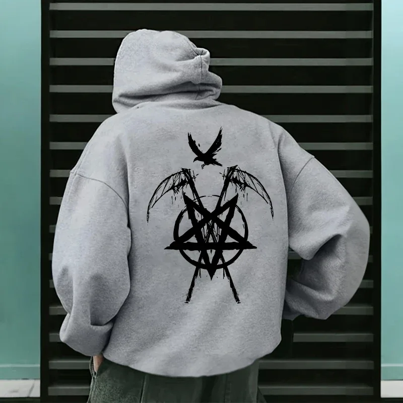 2025 Trendy Mens Hooded Sweatshirts Satan Pentagram Print Autumn Winter Casual Sportswear Urban Fashion Hoodies Male Top Outwear