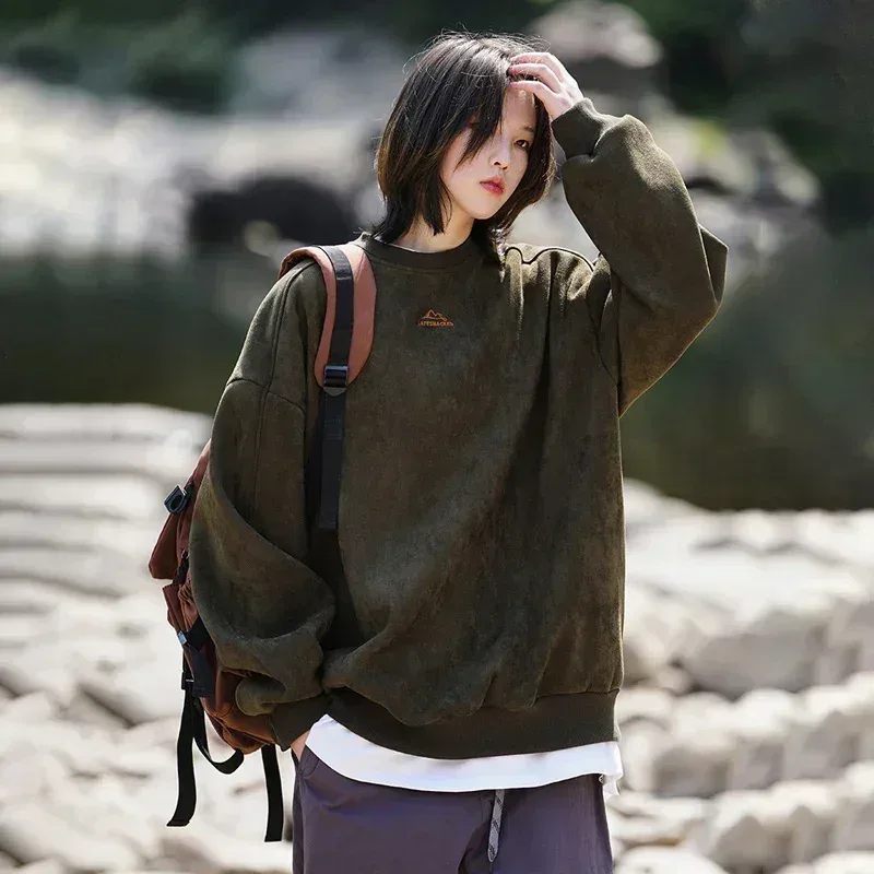 Merk Suede Sweatshirts Voor Mannen 2026 Nieuwe Herfst Winter Kleding Baggy Vintage Truien Koppels O Hals Oversize Blouse