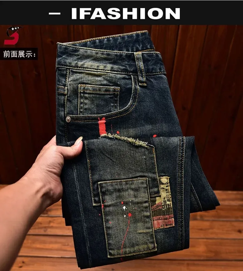 High Street Fashion Men Jeans Retro Blue Elastic Slim Fit Ripped Jeans Men Vintage Designer Stretch Casual Denim Pants Hombre