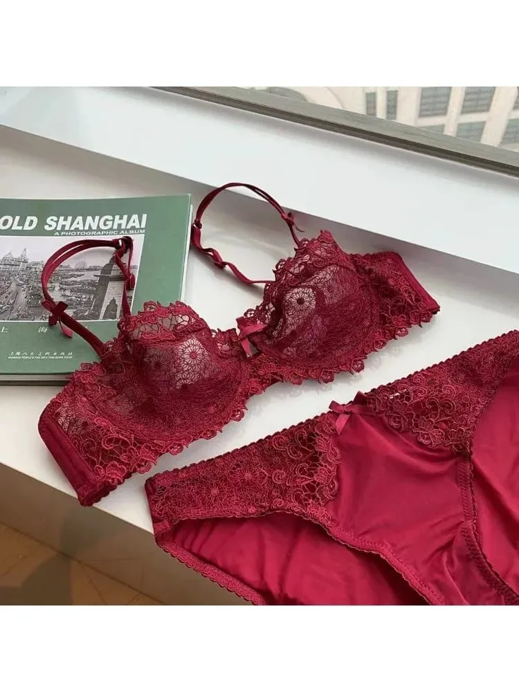 Conjunto de Sujetador de encaje Sexy para mujer, lencería erótica oculta de media Copa transparente, pezón ultrafino, ropa interior cómoda de realce, talla grande