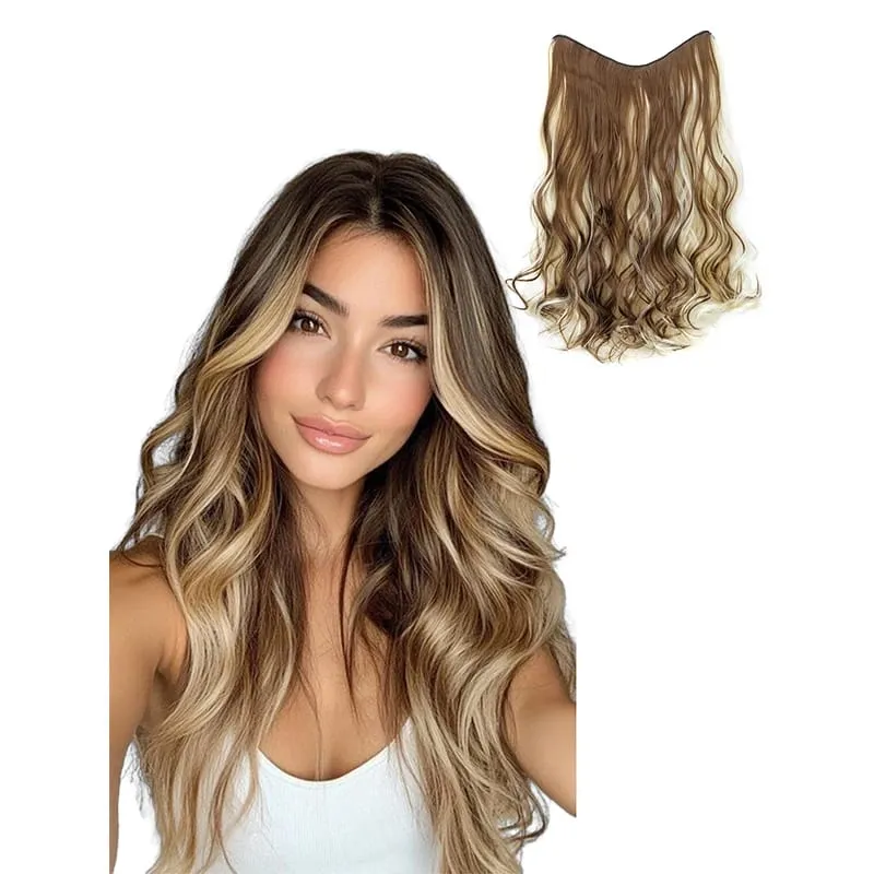 V-Shaped Clip in Hair 20 Inch Wavy Hair Piece Extensions One Piece Curly Hairpiece with 5 Clips Synthetic Clip in Hair for Women