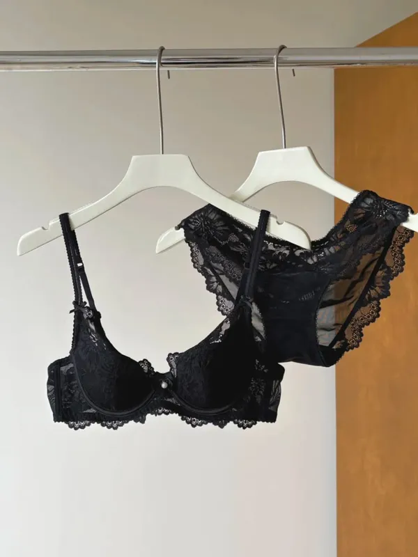 Purple French Lace Bra Embroidery Soft Underwire Minimizer Big Bust Lift Anti Sag Gathering Support Daily Lingerie 32-38 Bra Set