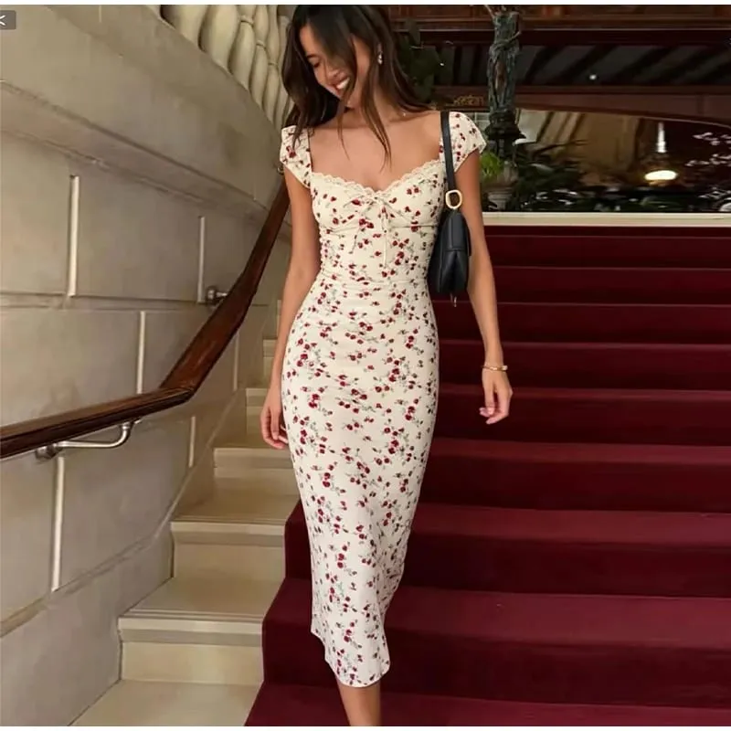 Floral Print Lace Trim Flutter Sleeve Maxi Dress Deep V-Neck High-Low Chiffon 2026 Summer Chic Romantic Women Feminine Gown