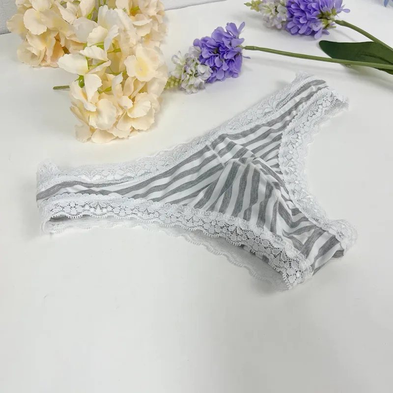 Men Lace Trim Striped G-string Underwear Half-covered Butt Low-rise Pantie Breathable Sexy U Bulge Pouch Comfortable Tong
