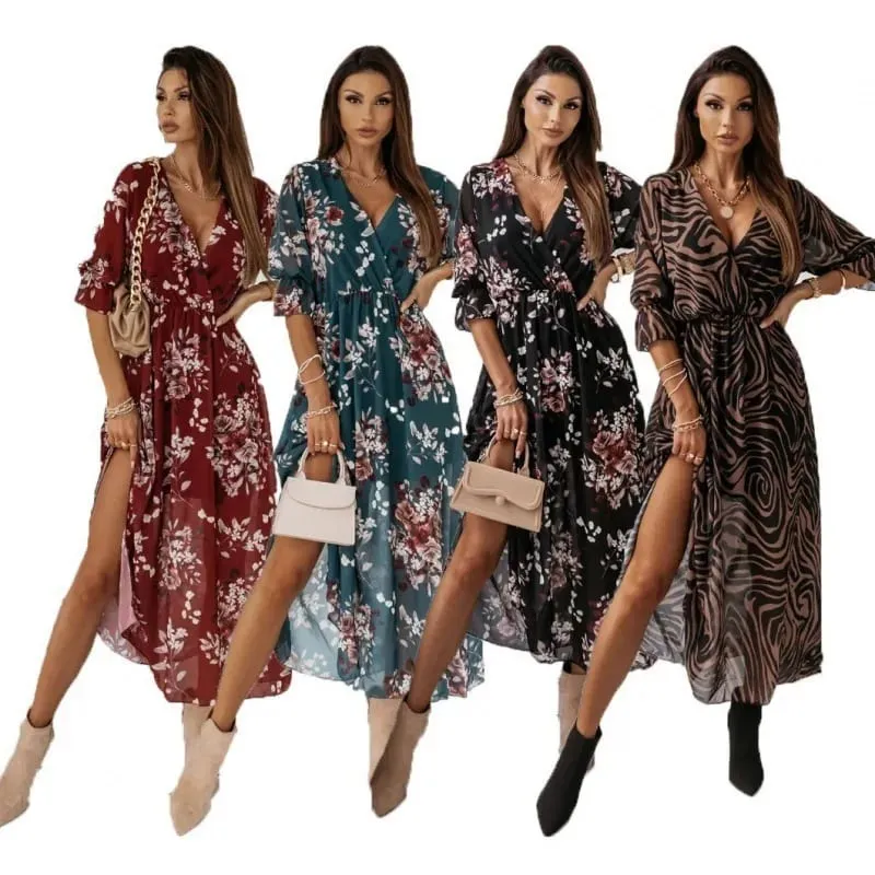 Women's V-Neck Midi Dress Chiffon Print Waist-Cinched Side-Slit Soft Polyester Fiber Comfortable Spring Summer New Style