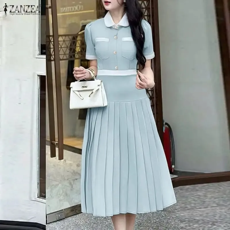 2026 ZANZEA Summer Elegant Lapel Neck Short Sleeve Sundress Women Stylish A Line Pleated Dresses Patchwork Work Midi Dress Robe