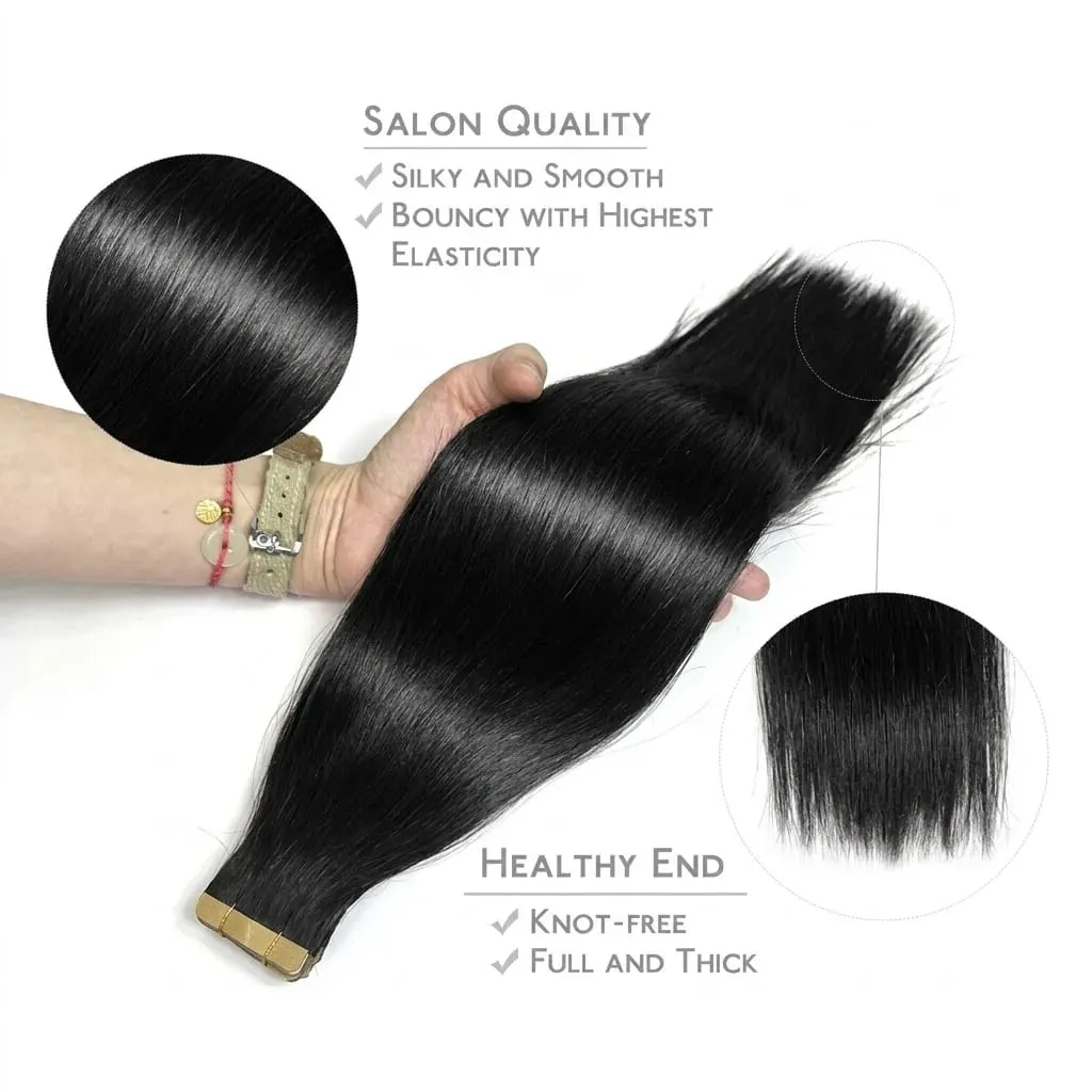 100% Human Hair Tape In Extensions 20 Inch Invisible Seamless PU Skin Weft No Weft Raw Hair Extensions Natural Black Color Adhesive Tape Ins Hair Extension For Women — image 2