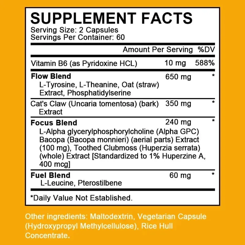 Alpha Brain Nootropics תוסף מוח לגברים ולנשים - זיכרון בהירות נפשית וקוגניציה עם ויטמין B6 Focus Capsules