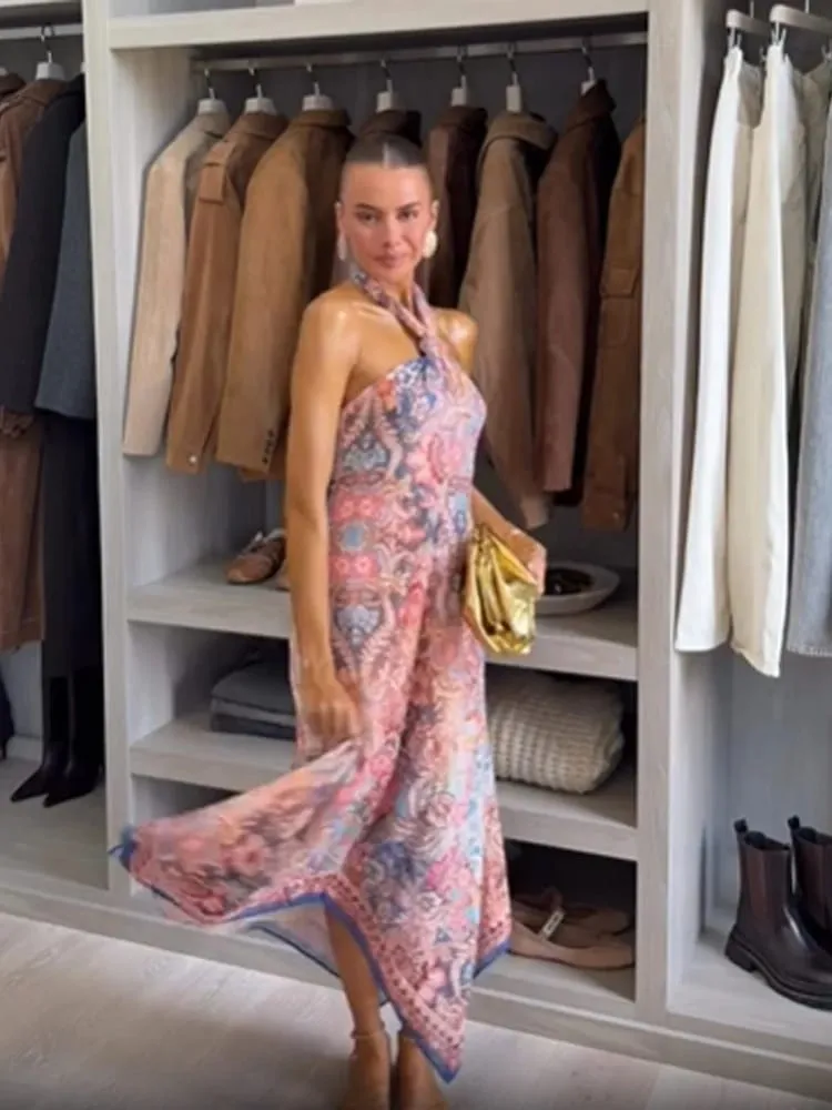 Floral impressão halter vestido feminino chique com decote em v sem mangas sem costas cintura-cinging maxi vestidos 2026 novo verão senhora férias roupões