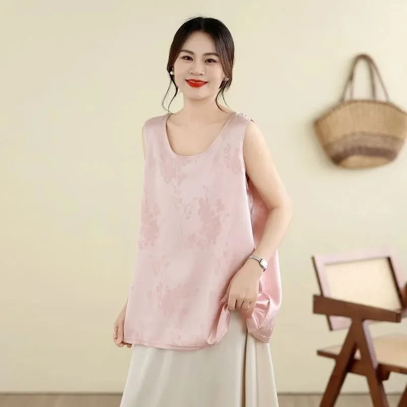 New Chinese Style Jacquard Satin Tank Top Middle Aged Women Loose U Neck Sleeveless Blouse Elegant Acetate Vest For Moms