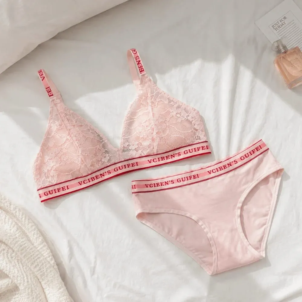 Fashion Letter Design Lingerie Set Deep V Wireless Women Underwear Suit Lace Color Blocking Bra Panties Set Gift