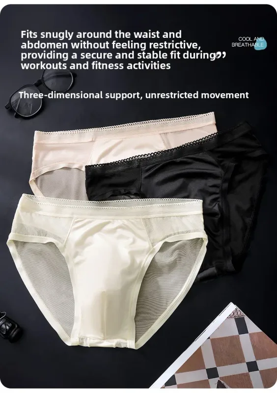 Male Glossy Silk Satin Briefs High Rise Lace Trim Ice Silk Underwear Soft Breathable U Pouch Men Panties