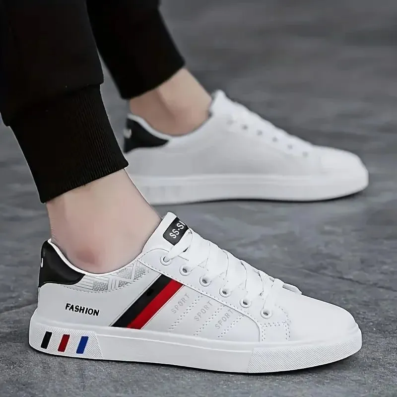 Men's Low-Top Lace-Up Sports Shoes Breathable Synthetic Material with Comfortable Fabric Lining Anti-Slip PVC Sole Striped Design Suitable for Casual and Outdoor Wear Daily Sneakers | Minimalist Style