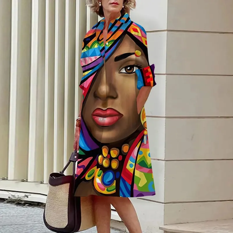 Zomer Nieuwe Damesjurken Mode Karakter Kunst Patroon Losse Grote Maat Casual Temperament Commuter Onregelmatige Lange Rok Tops