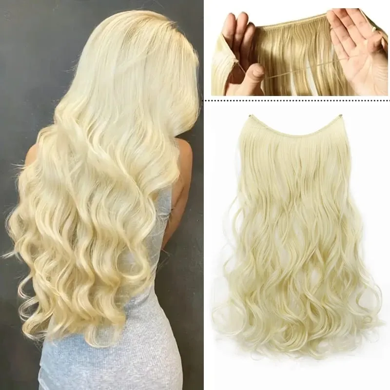 18Inch Synthetic Long Wavy Curly Hair Extension Invisible Fishing Line Soft Multi-Color Hairpiece for Women Daily Use